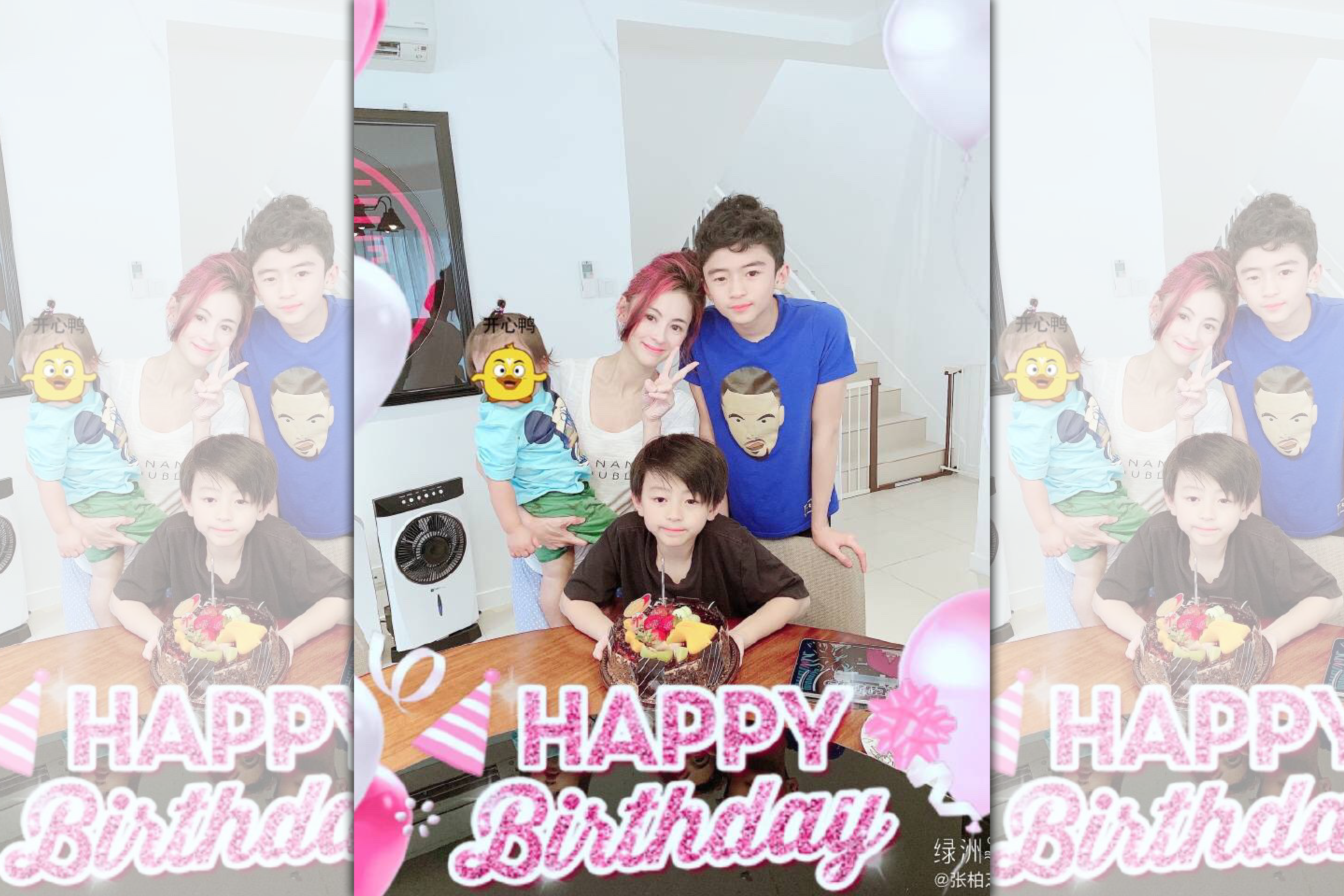 上星期張栢芝為次子謝振南慶祝生日，一家四口的合照公開後，再度引起網友對小王子生父討論。（翻攝自張栢芝微博）