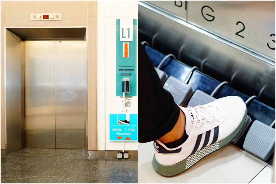 曼谷一間百貨公司將電梯改造成用腳踩踏控制按鈕，防止手部交叉感染。（翻攝自Seacon Square l ซีคอนสแควร์臉書）