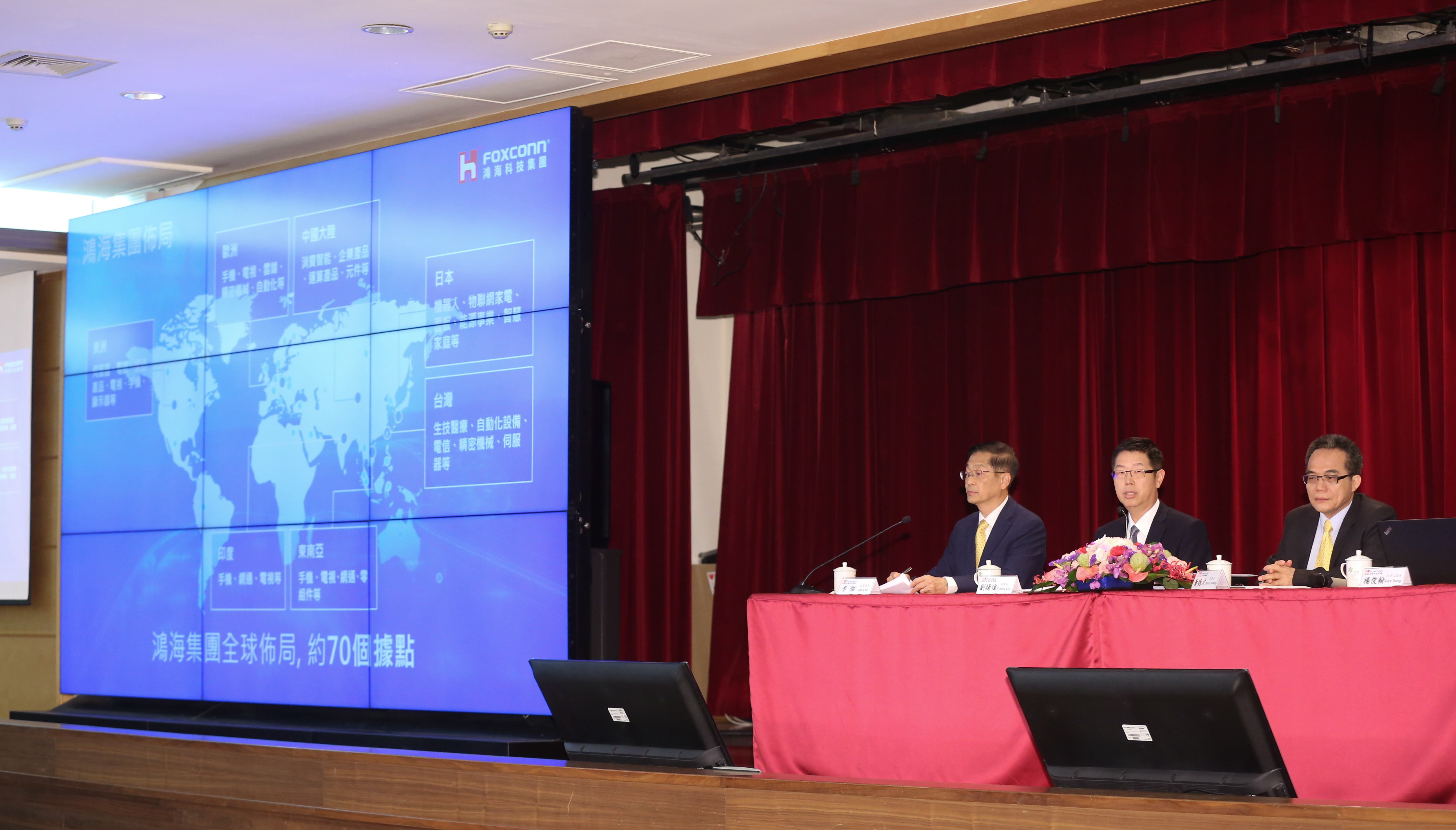 鴻海董事長劉揚偉（中）在報告書中指出「三加三」作為公司重要的發展策略。（本刊資料照）