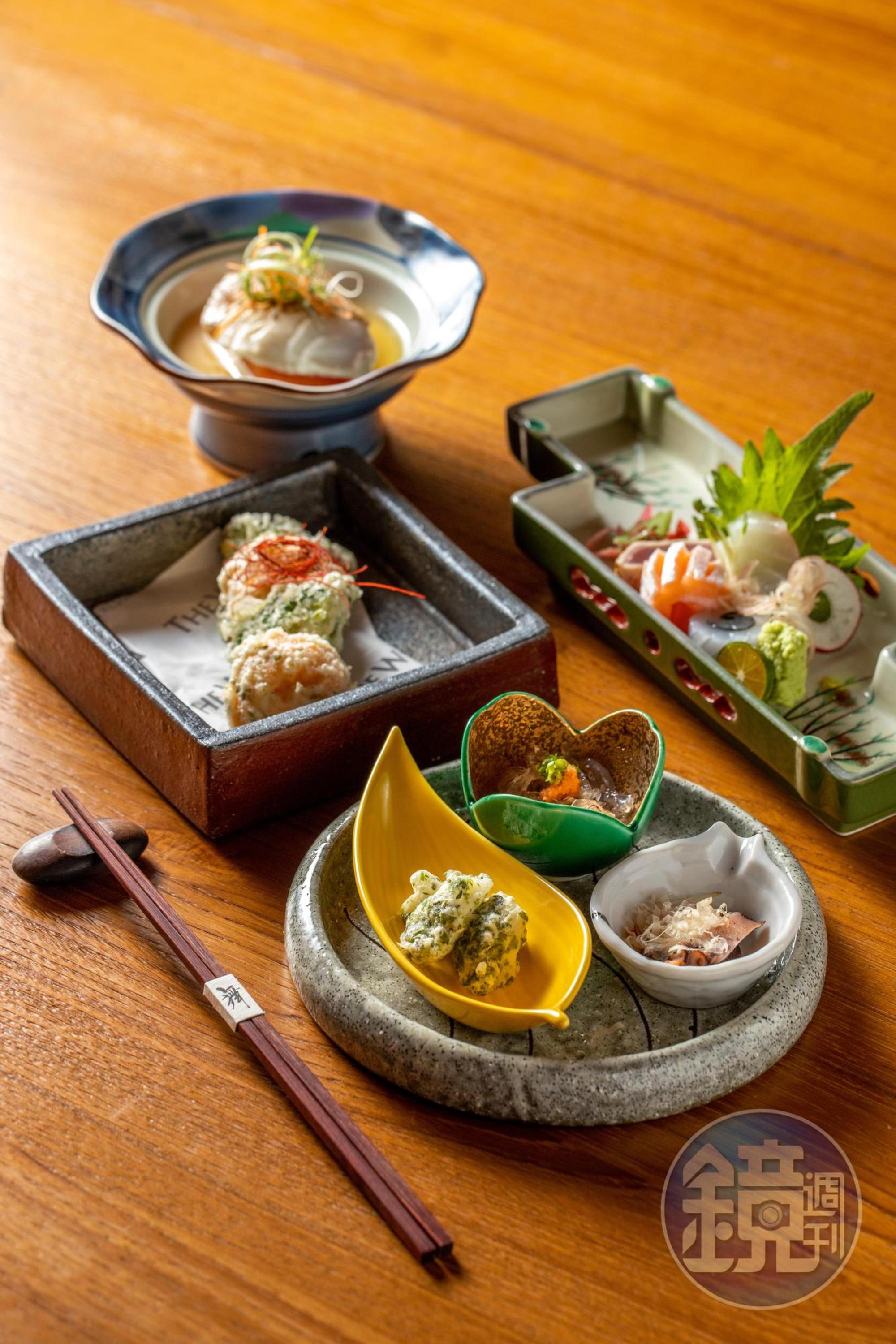 穀雨會席前菜有「櫻鯛紅茄橙醋蒸」「新鮮季節生魚片」，與清爽開胃的「橙醋魚皮」、現流章魚小火燉煮的「真蛸柔煮利休」，精挑礁溪溫泉蔬菜的炸物「茭白筍山椒揚」。（皆為穀雨會席菜色）