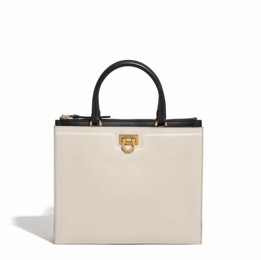 TRIFOLIO黑白色牛皮提包（附肩背帶）。NT$83,900（Salvatore Ferragamo提供）