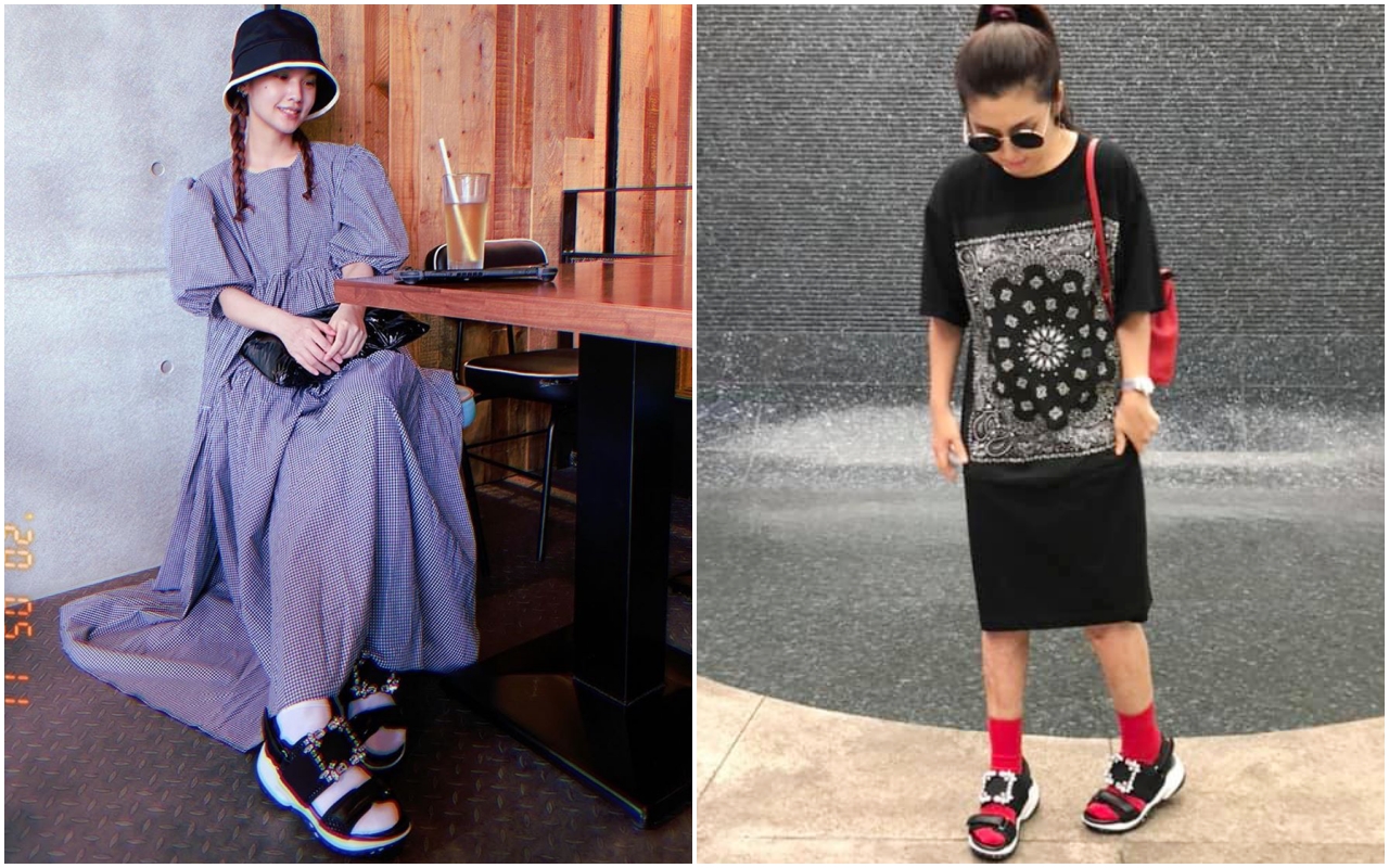 楊丞琳（圖左）與Selina先後穿上同款Viv’ Run鑽扣老爹涼鞋亮相。（迪生提供）