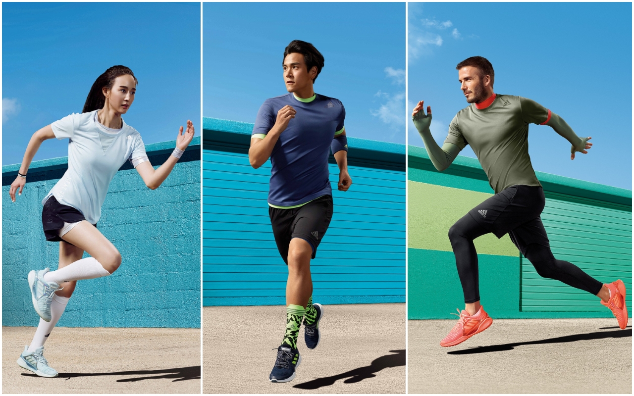 （左起）張鈞甯、彭于晏、貝克漢分別以代言人身份，穿上CLIMACOOL跑鞋拍攝形象廣告。（adidas提供）