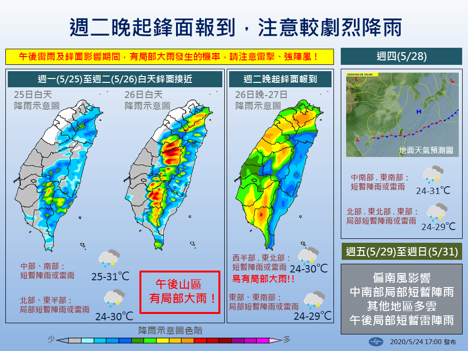 昨日氣象局也在臉書po出一張圖表，讓民眾方便掌握這一週的雨勢。（翻攝自報天氣 - 中央氣象局臉書粉專）
