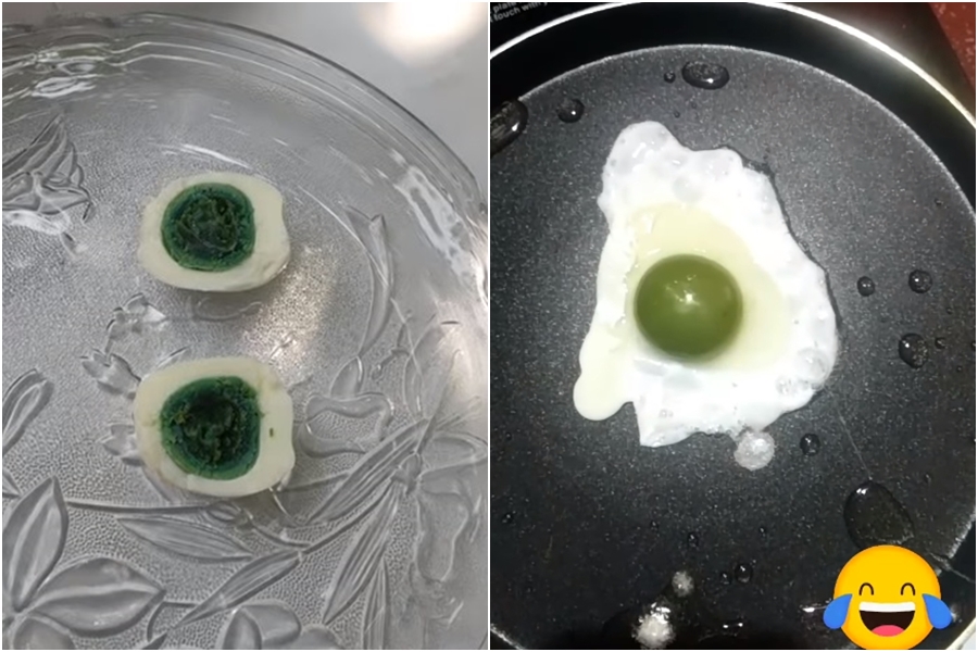 雞農試吃「綠色蛋黃」的雞蛋，覺得口感和一般雞蛋無異。（翻攝自Shihabudheen Ak臉書）