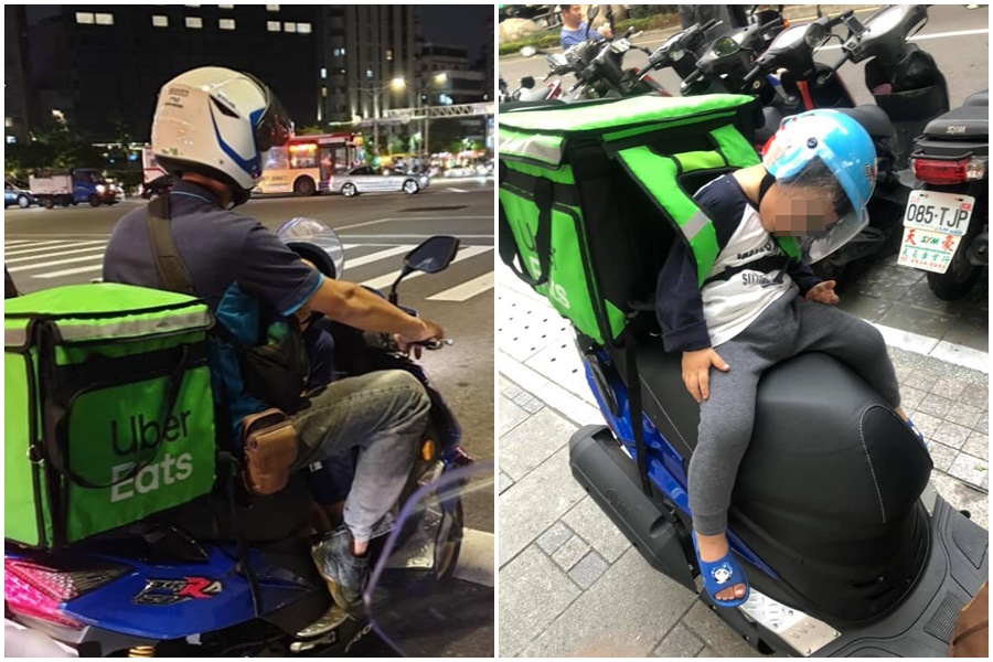 有網友捕捉到一名父親和孩子一起外送，畫面感動無數網友。（翻攝爆廢公社、林浚誠臉書）