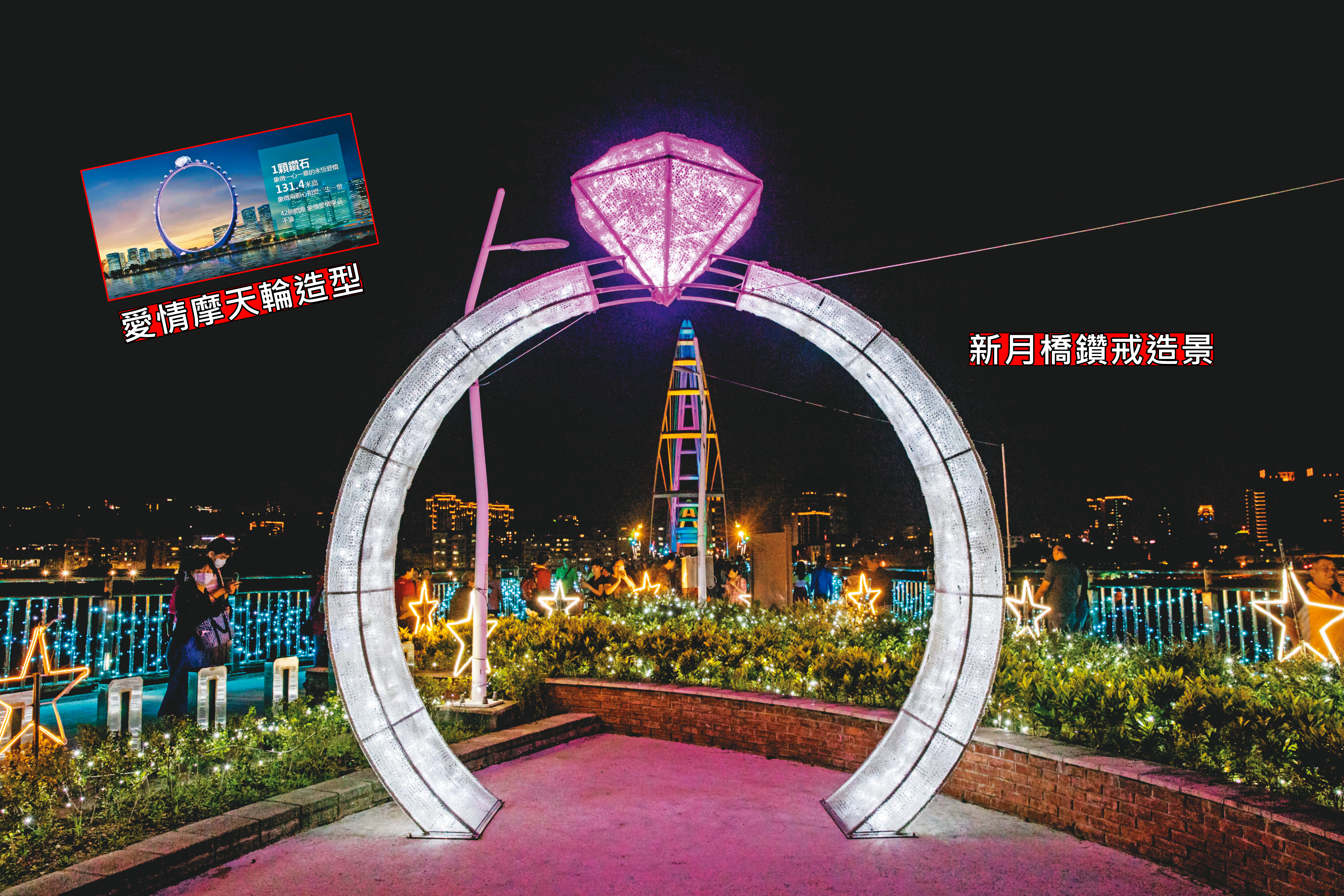 約1層樓高的新月橋鑽戒布景（圖），意外與愛情摩天輪的設計概念極為相似。