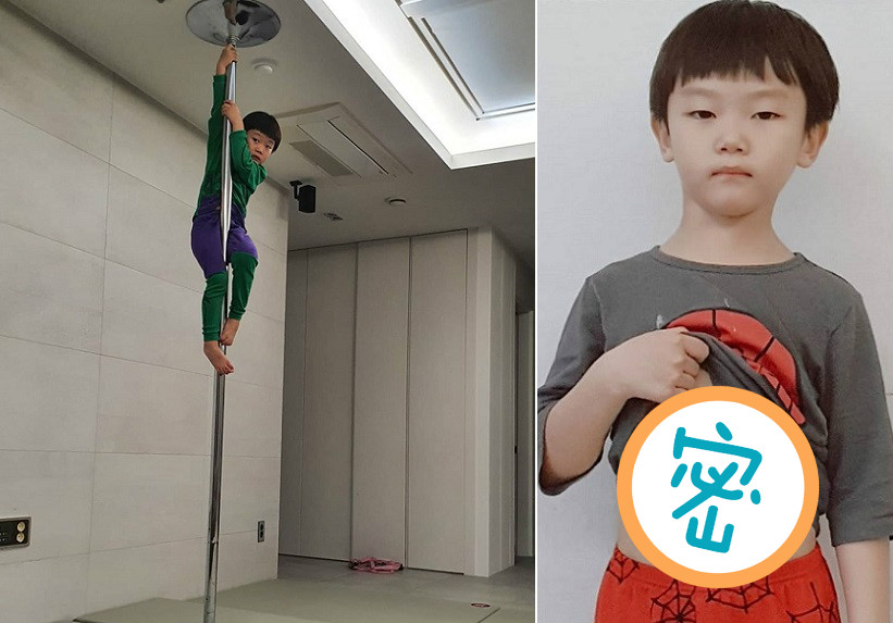 南韓人氣童星大發今年6歲，在家裡喜歡爬鋼管鍛鍊臂力和核心。（翻攝自大發媽媽IG）