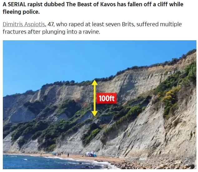艾斯皮歐提斯從約100英呎高的山崖墜落，竟「大難不死」。（翻攝The Sun網站）