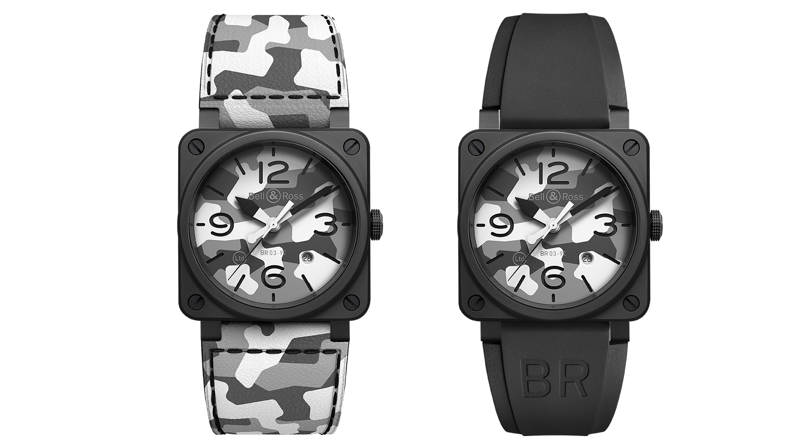 BR03-92 White Camo | 錶徑42mm、陶瓷材質、BR Cal. 302自動上鏈機芯、時間及日期指示、防水100米、限量999只、建議售價NT$ 130,400