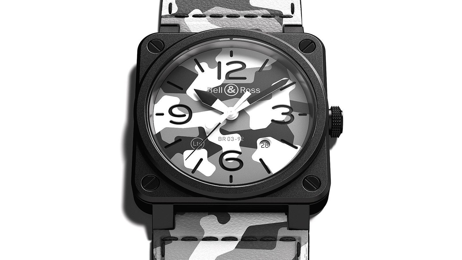 BR03-92 White Camo | 錶徑42mm、陶瓷材質、BR Cal. 302自動上鏈機芯、時間及日期指示、防水100米、限量999只、建議售價NT$ 130,400