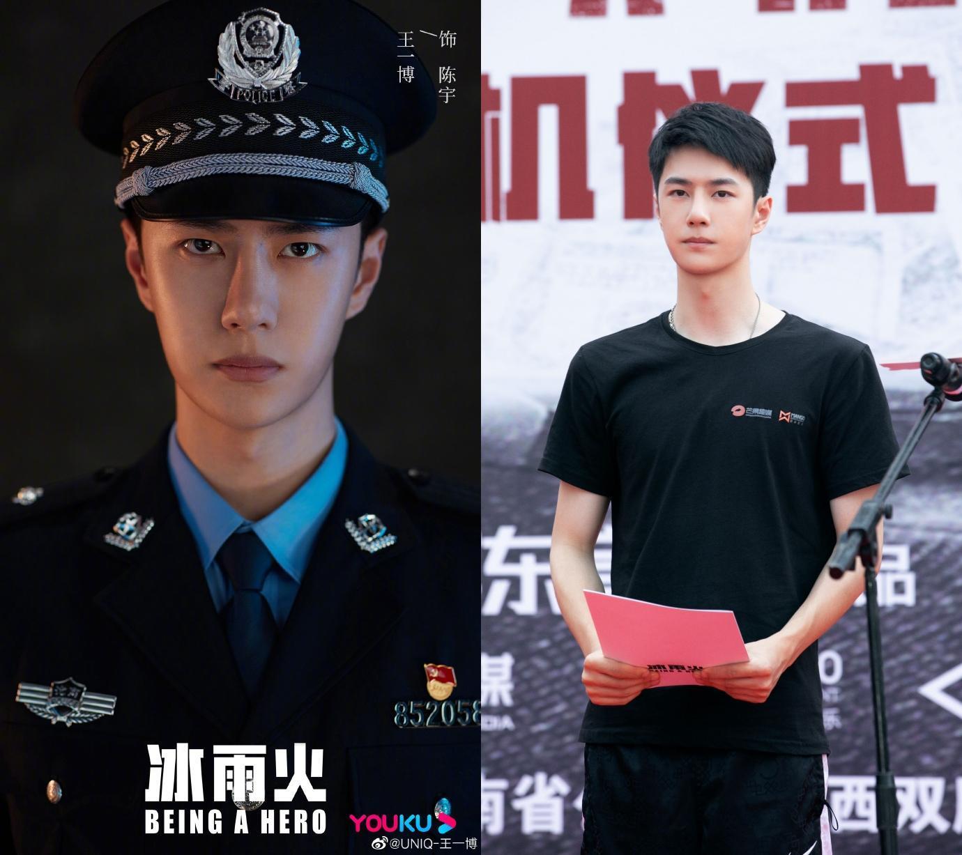 王一博在《冰雨火》挑戰警察角色,特地增肌健身鍛練身形。(翻攝自王一博微博)