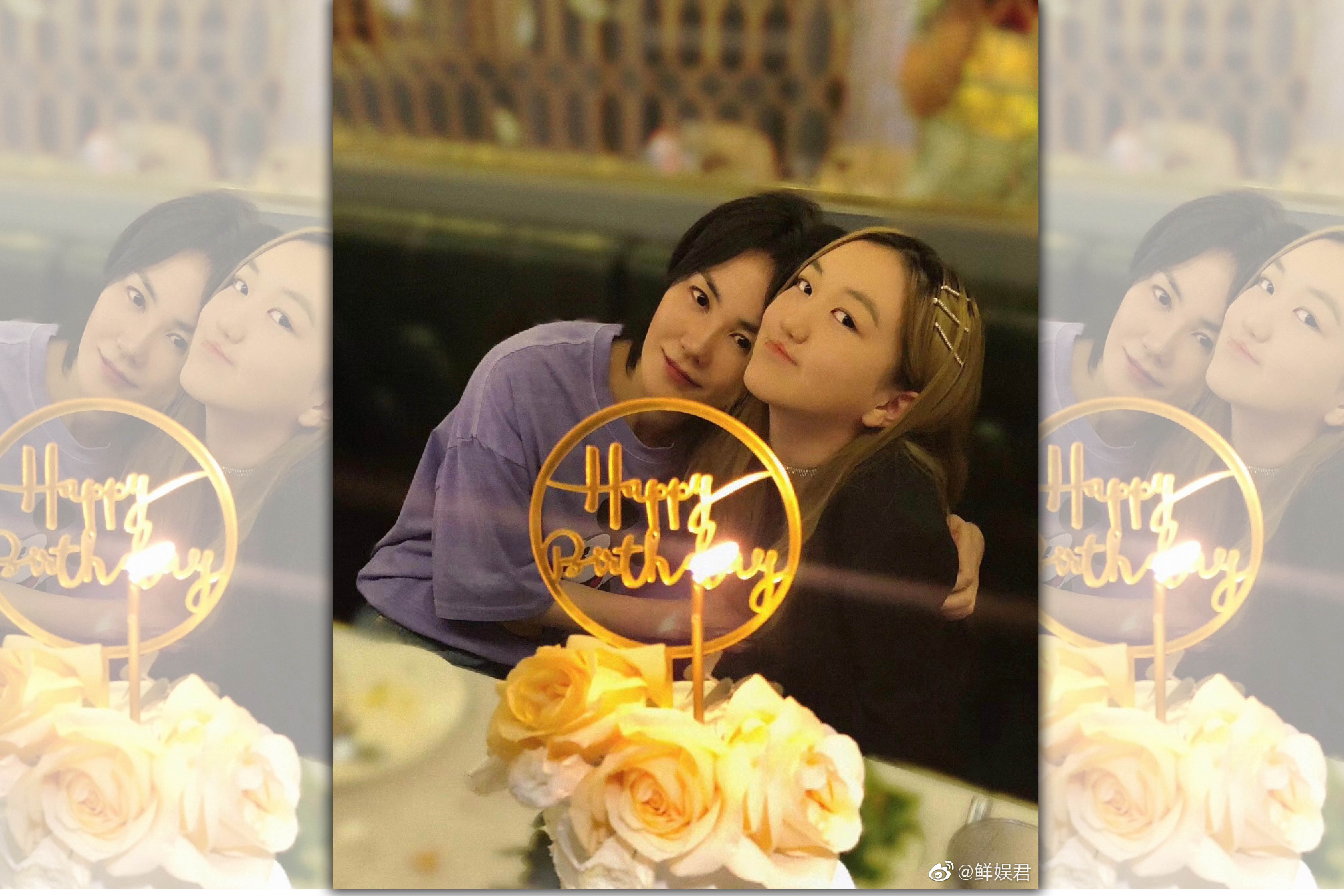 王菲頭靠在李嫣的肩頭，手緊緊抱住女兒，母女情相當濃烈。（翻攝自微博）