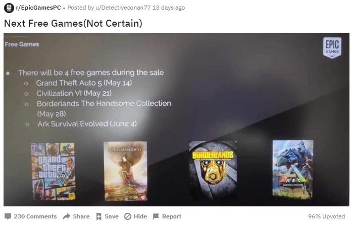 網友在Reddit爆料Epic Games將贈送的免費遊戲。(翻攝Reddit)