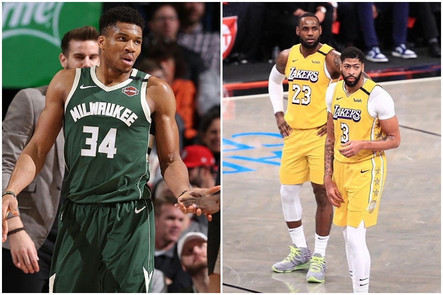 NBA有球評認為,字母哥(左圖)不像詹皇(右圖23號),有戴維斯(右圖3號)助拳,所以更該是MVP人選。(翻攝自公鹿隊、湖人隊臉書)