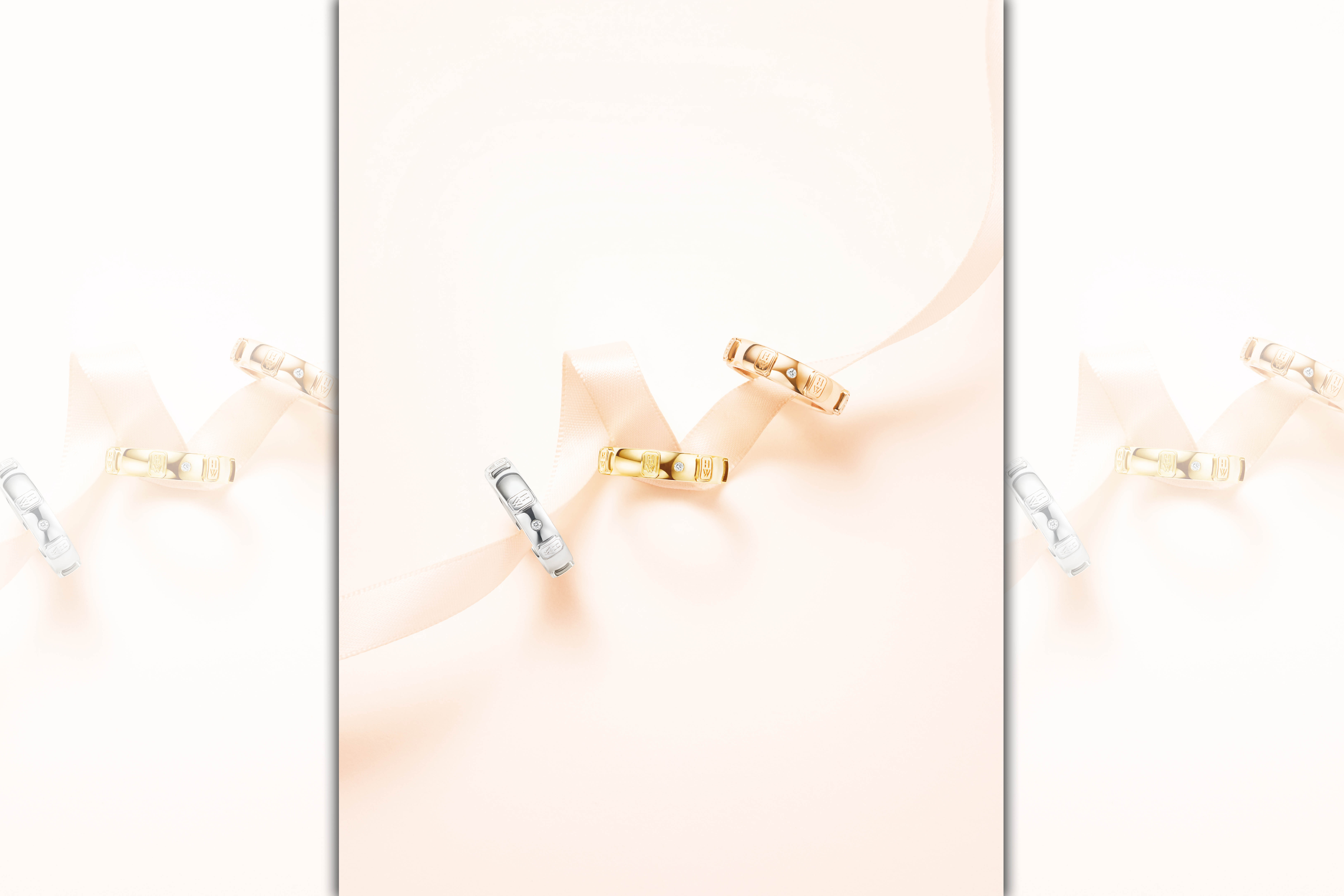 HW Logo戒指上鑲有0.01克拉單顆圓形明亮式切工鑽石，及刻有H、W字樣，鑽石總重約0.01克拉。（左起）18K白金約NT$90,000，18K黃金和18K玫瑰金各約NT$84,000。（海瑞溫斯頓提供）