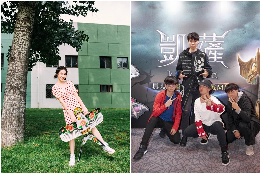 魏奇奇（左）前年以台北城市科大流行音樂事業系科班在學身分出道，電玩主題曲〈不凡信仰〉亦來自同系學生創作，包括負責作詞的藍祥源（前排左）、作曲黃暐竣(前排右)、RAP演唱張宋（後排）。（北京萌樣影視提供、翻攝自台北城市科大流行音樂事業系臉書）