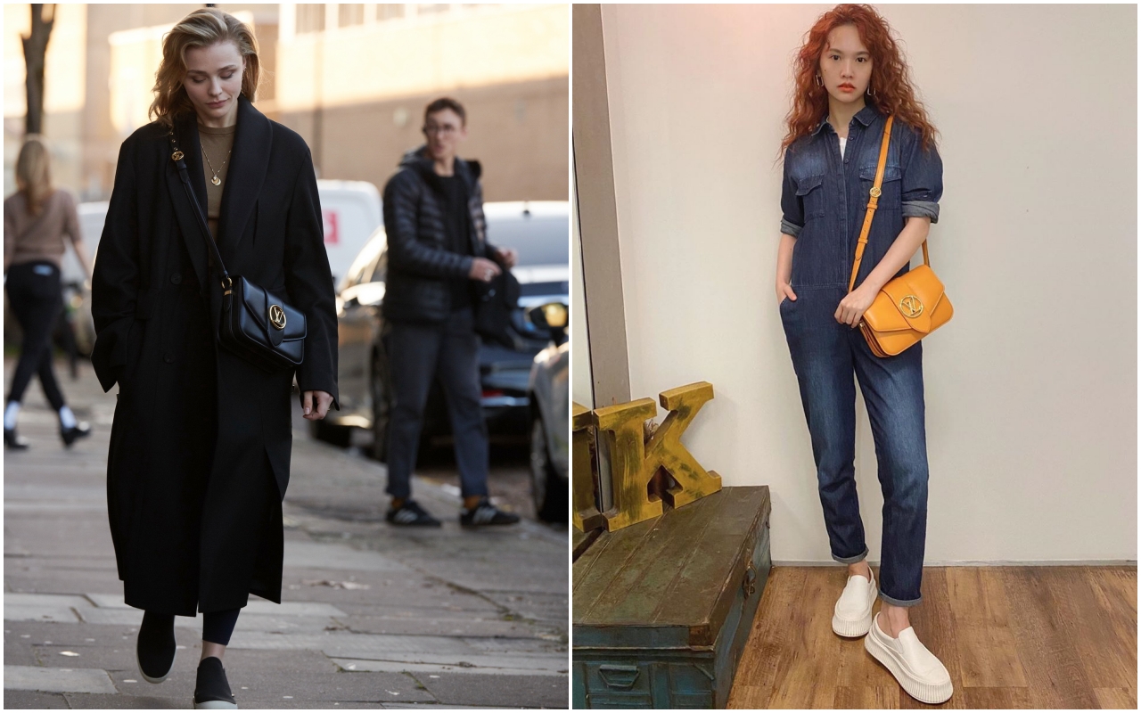 超殺女克蘿伊摩蕾茲(左)、楊丞琳分別示範LV最新包款Pont 9。(路易威登提供)