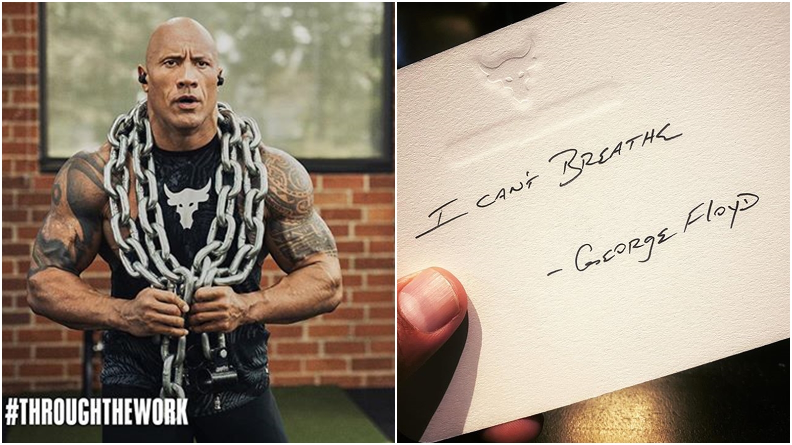 巨石強森在IG上PO出一張「我無法呼吸」的照片聲援非裔男遭虐死案。（翻攝巨石強森IG）