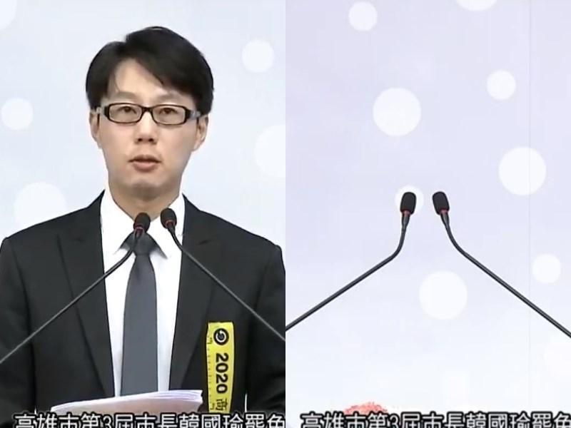韓國瑜今日缺席公辦電視罷免說明會,獨留陳冠榮唱獨角戲。(翻攝自高雄市選舉委員會YouTube頻道)