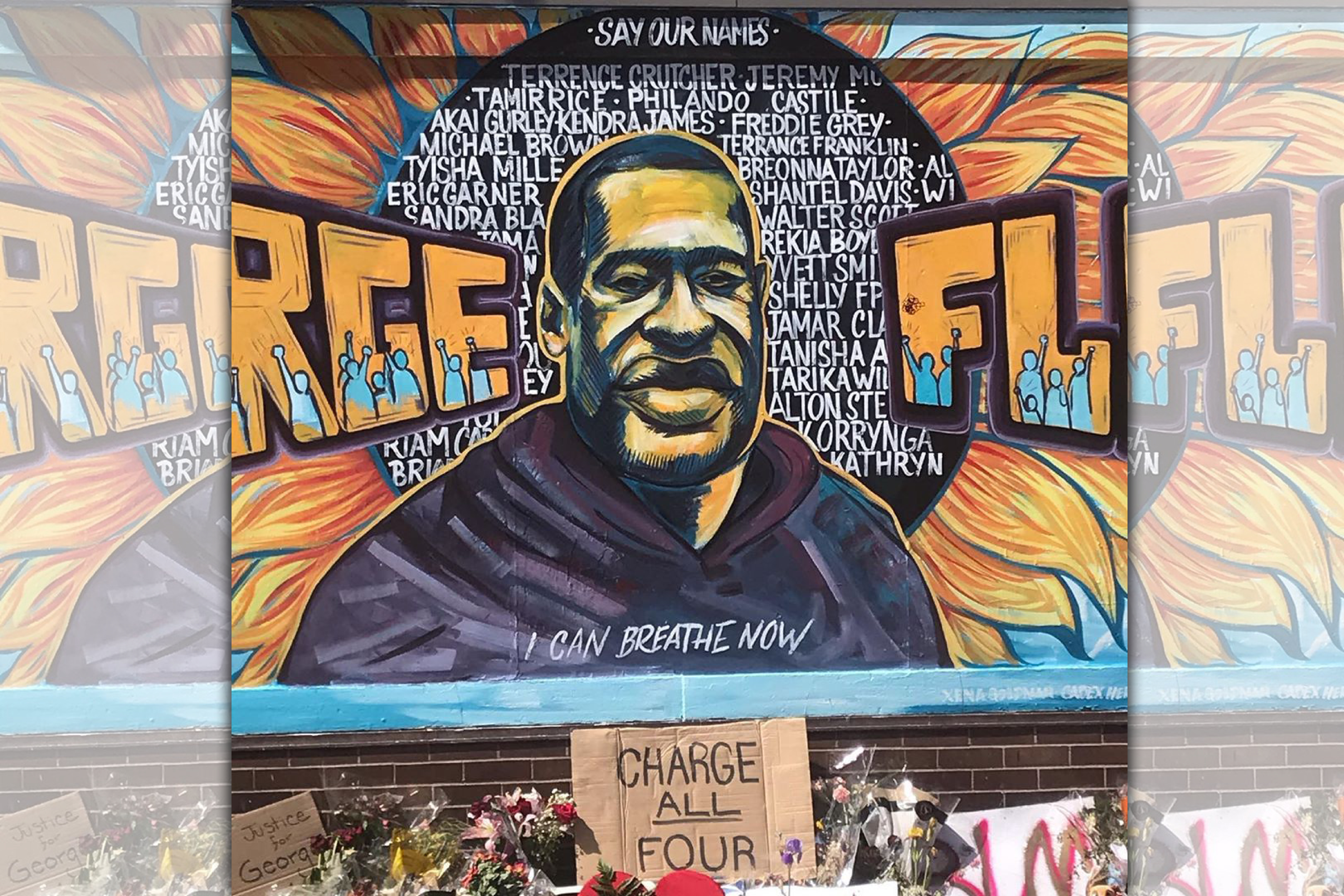 美國非裔男子佛洛伊德之死引發全美對於種族歧視的怒火，民眾自發獻花致哀，還以大幅畫作紀念他。（翻攝自acdc518 IG帳號）