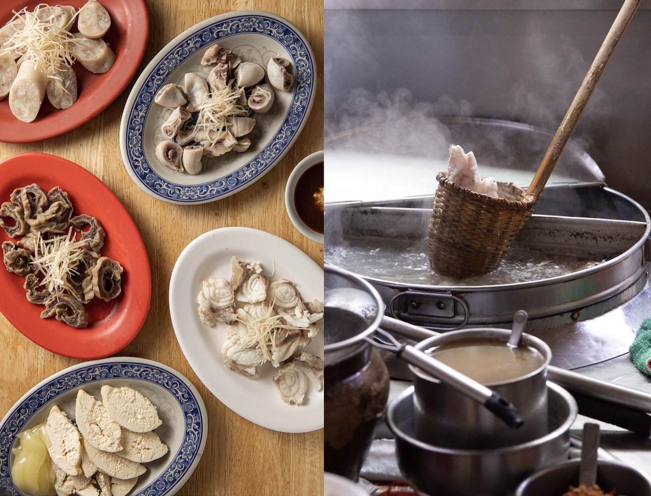 「阿標米粉湯 」的切仔料「粉腸」（左圖上至下，60元／份）、「生腸」（80元／份）、「旗魚肚」（60元／份）、「鮢𩼣魚肉」（150元／份）、「魚卵」(80元／份)，都採鮮燙現切，滋味清甜。