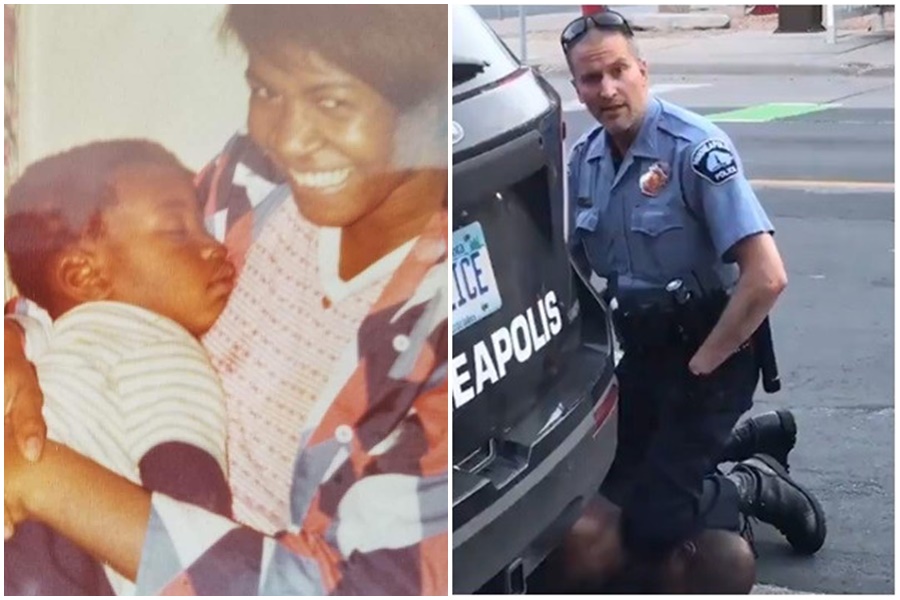 46歲的佛洛伊德被明尼蘇達警員沙文（Derek Chauvin）膝蓋壓頸。（翻攝自臉書「Shaun King」、翻攝自推特）