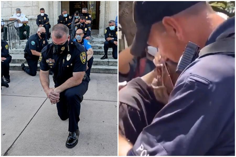 全美陷入抗議示威遊行,警察與民眾紛紛爆發衝突,不過仍有不少溫馨畫面。(翻攝自推特)
