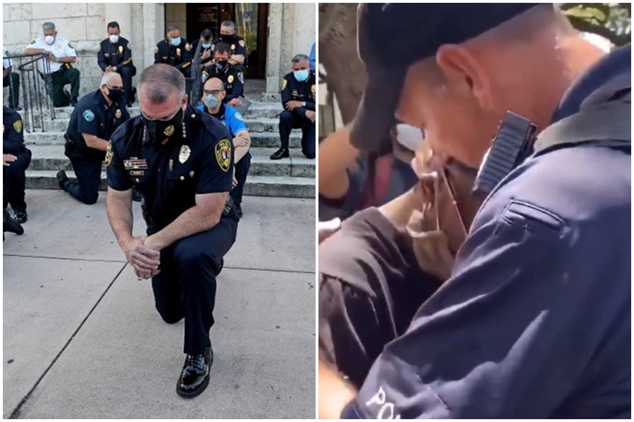 全美陷入抗議示威遊行，警察與民眾紛紛爆發衝突，不過仍有不少溫馨畫面。（翻攝自推特）