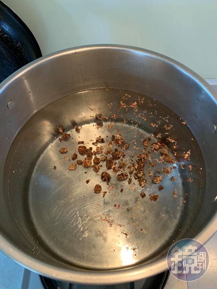 冷水加熱後，放入敲碎的肉荳蔻。