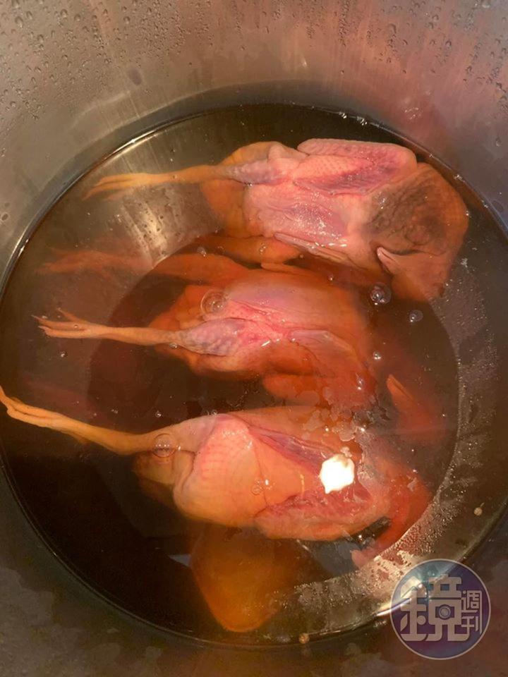 滷水放冷後，將鴿子浸入，這一步驟至為重要。