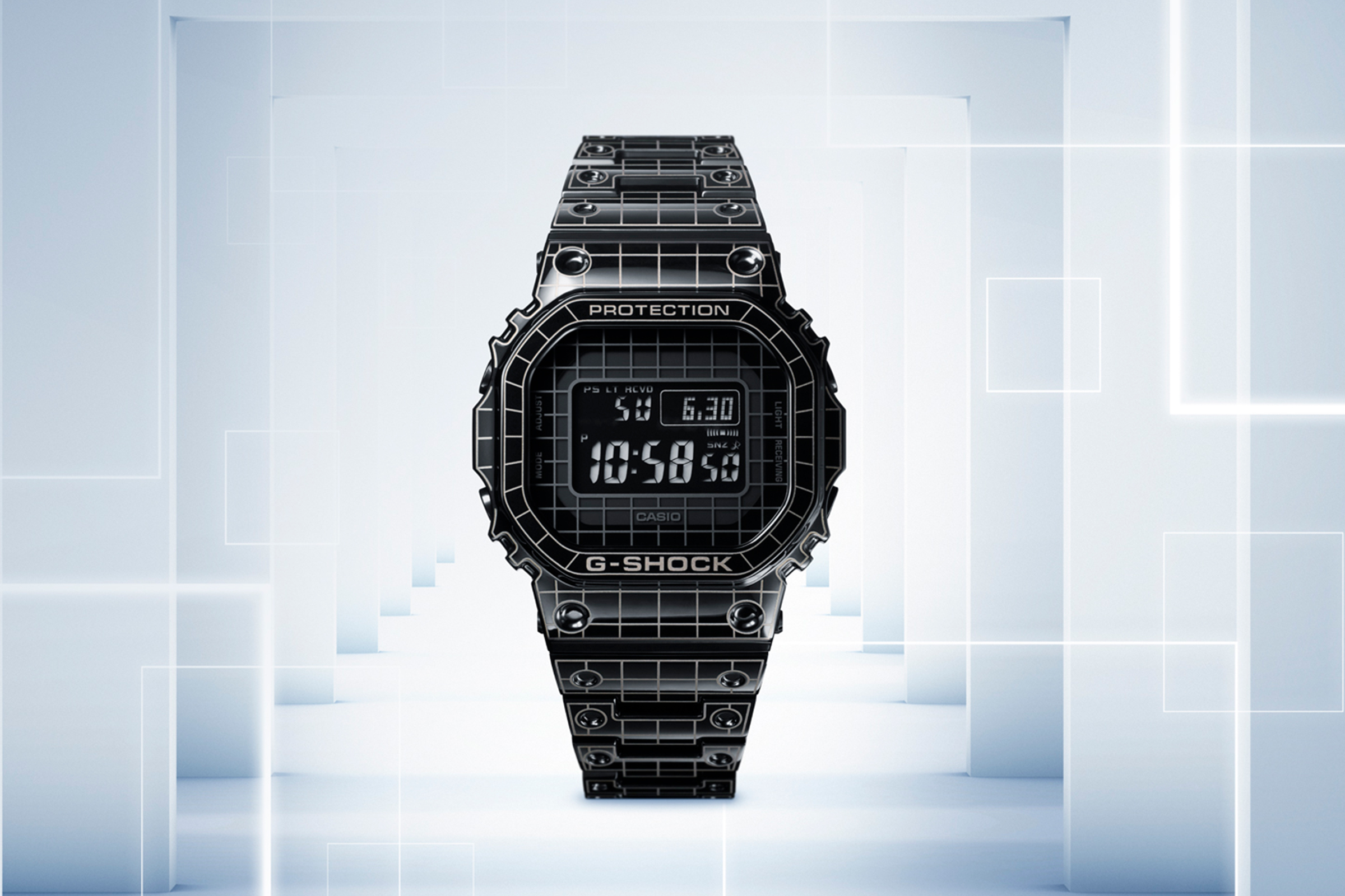 GMW-B5000CS採用雷射雕刻處理，其設計靈感來自於時空隧道，充滿科技感的格紋線條相當吸睛。