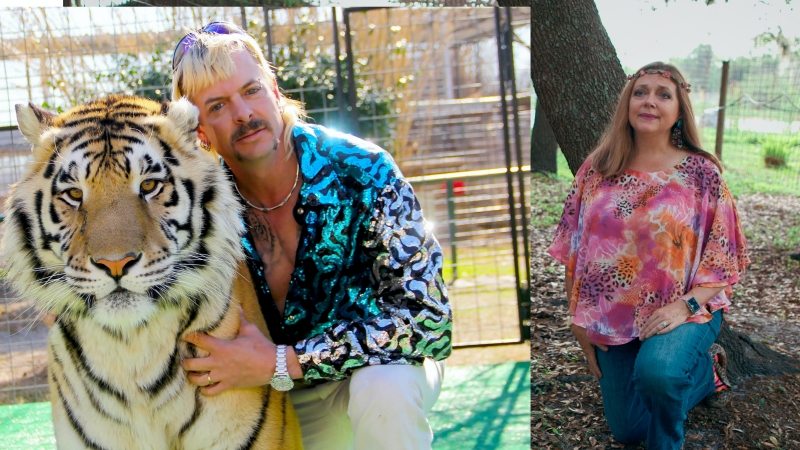 《虎王》的動保人士卡蘿（右），終於告贏了「異國喬」（左），趁他坐牢時取得動物園的產權，這場大戰終於分出勝負。（Netflix提供）