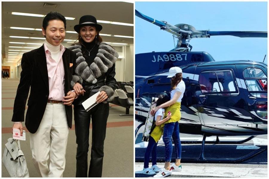神田宇乃（左圖右）和億萬富翁老公西村拓郎結婚14年樂當貴婦，她還曾動用老公的私人直升機（右圖）帶女兒去上小提琴課。（左圖翻攝日本體育報，右圖翻攝神田宇乃IG）