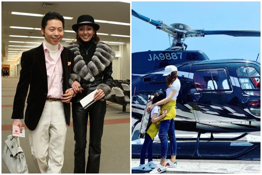 神田宇乃（左圖右）和億萬富翁老公西村拓郎結婚14年樂當貴婦，她還曾動用老公的私人直升機（右圖）帶女兒去上小提琴課。（左圖翻攝日本體育報，右圖翻攝神田宇乃IG）