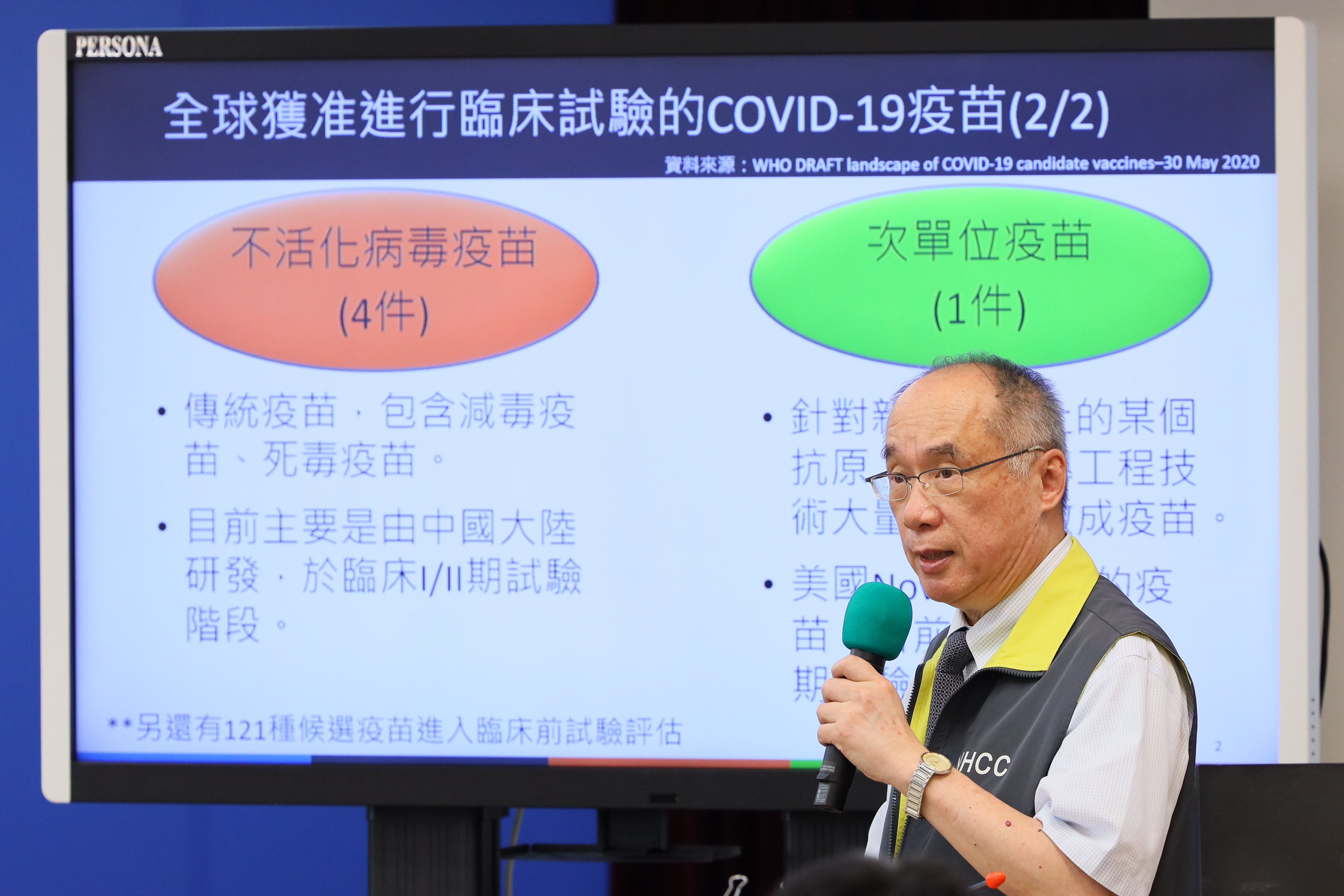 指揮中心研究組組長梁賡義除了介紹各國疫苗發展的進度，也另外指出目前與國家衛生研究院及中央研究院合作。（指揮中心提供）