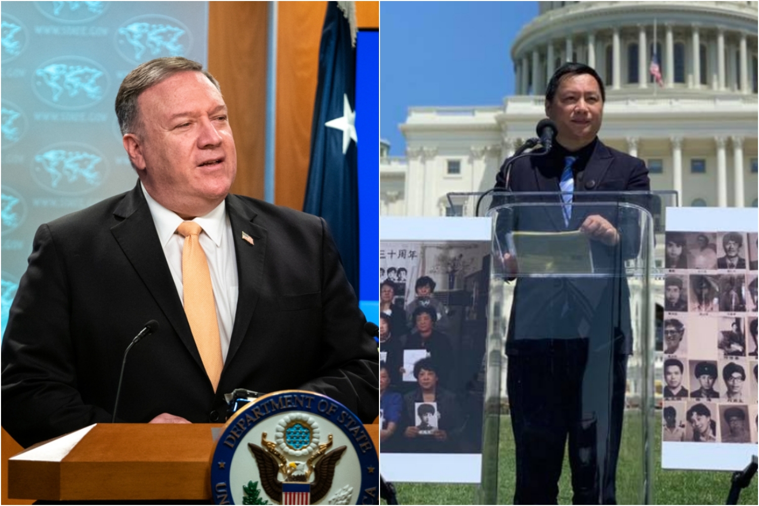 美國國務卿龐佩奧（左）與六四參與者王丹（右）等人在六四天安門31週年前會面。（翻攝自推特／臉書）