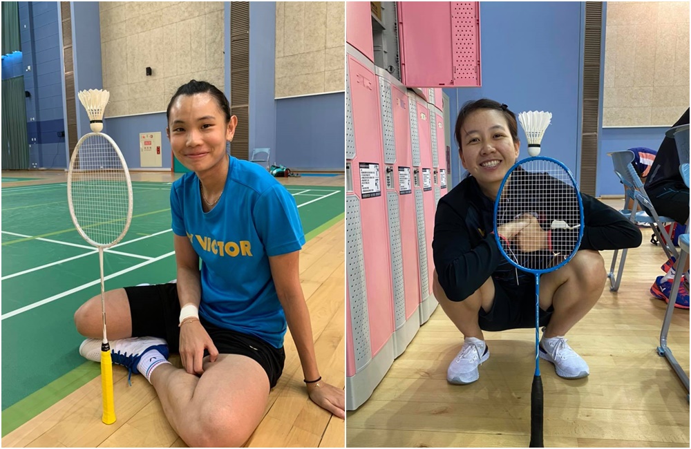 戴資穎（左）揪專屬防護員和粉絲分享球拍上立羽球的美技。（翻攝戴資穎粉絲專頁）