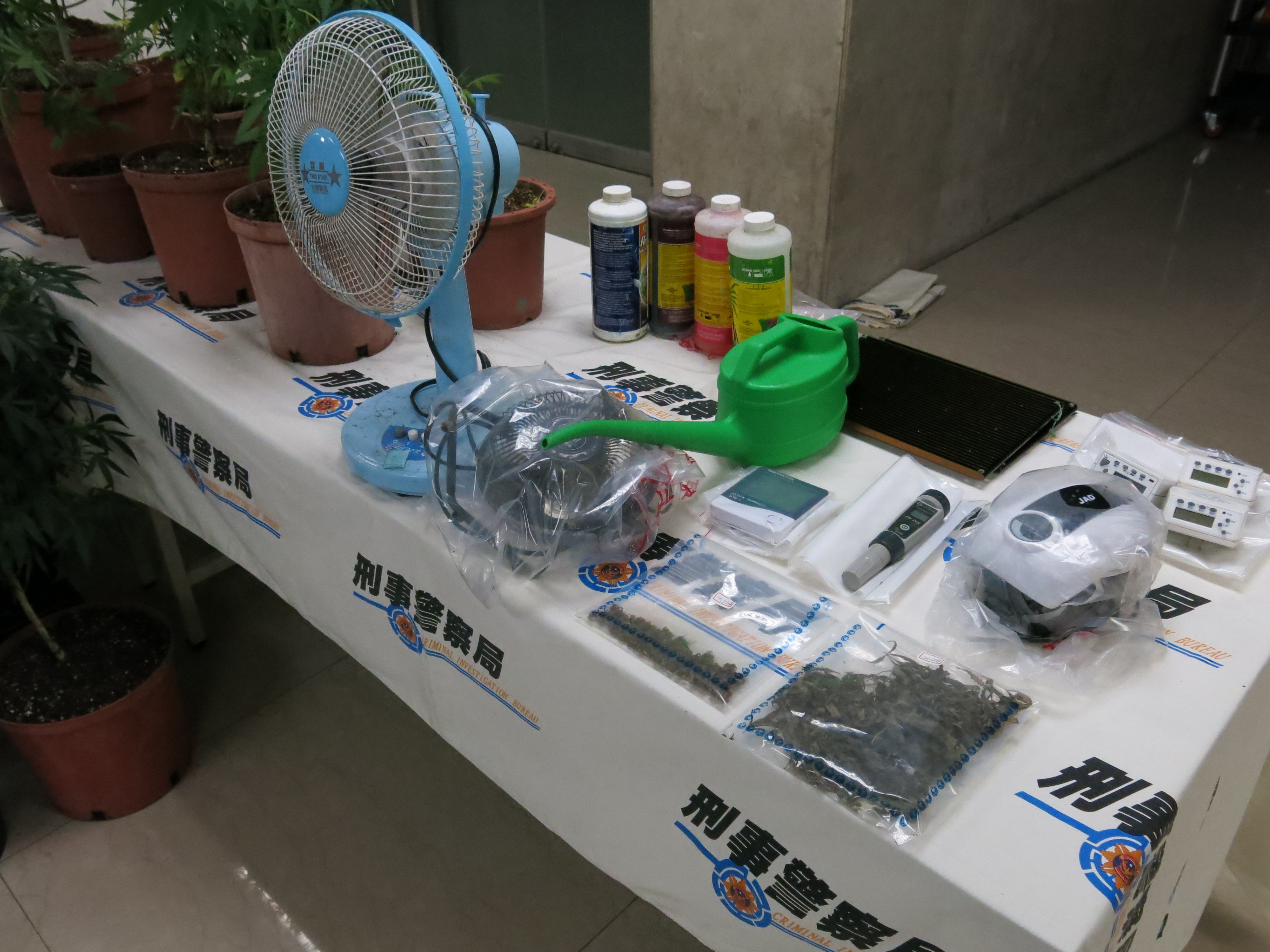 警方起出各式大麻毒品與種植工具。（翻攝畫面）