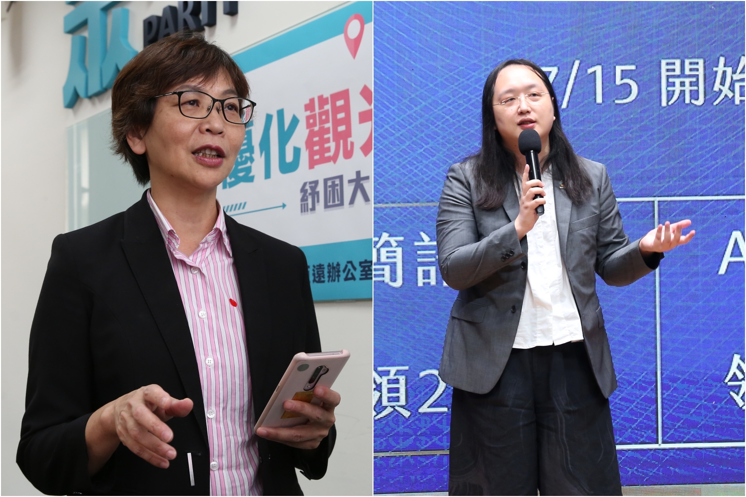 民眾黨立委蔡壁如（左）質疑政府違法，政委唐鳳（右）解釋使用原因。