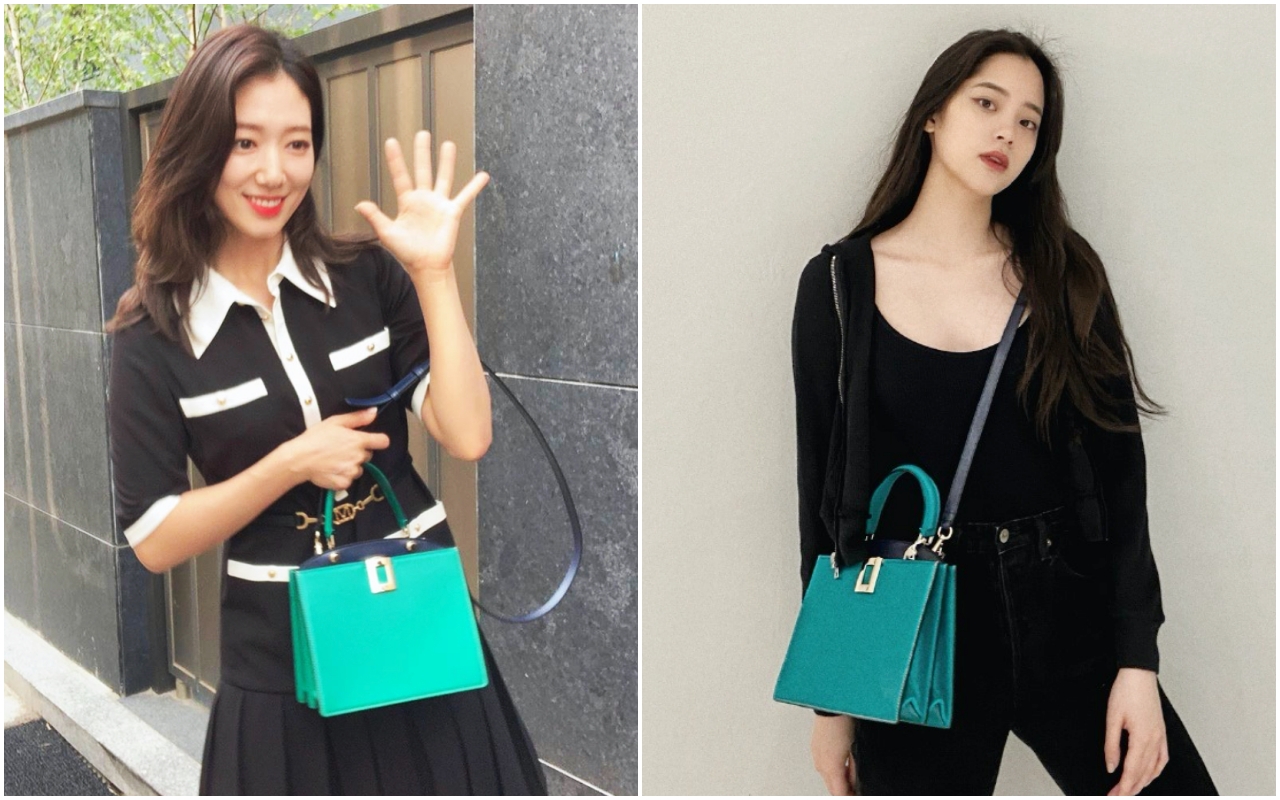 （圖左）朴信惠與歐陽娜娜分別以不同黑色服裝搭配Roger Vivier森林綠色So Vivier包款。（翻攝自網路）