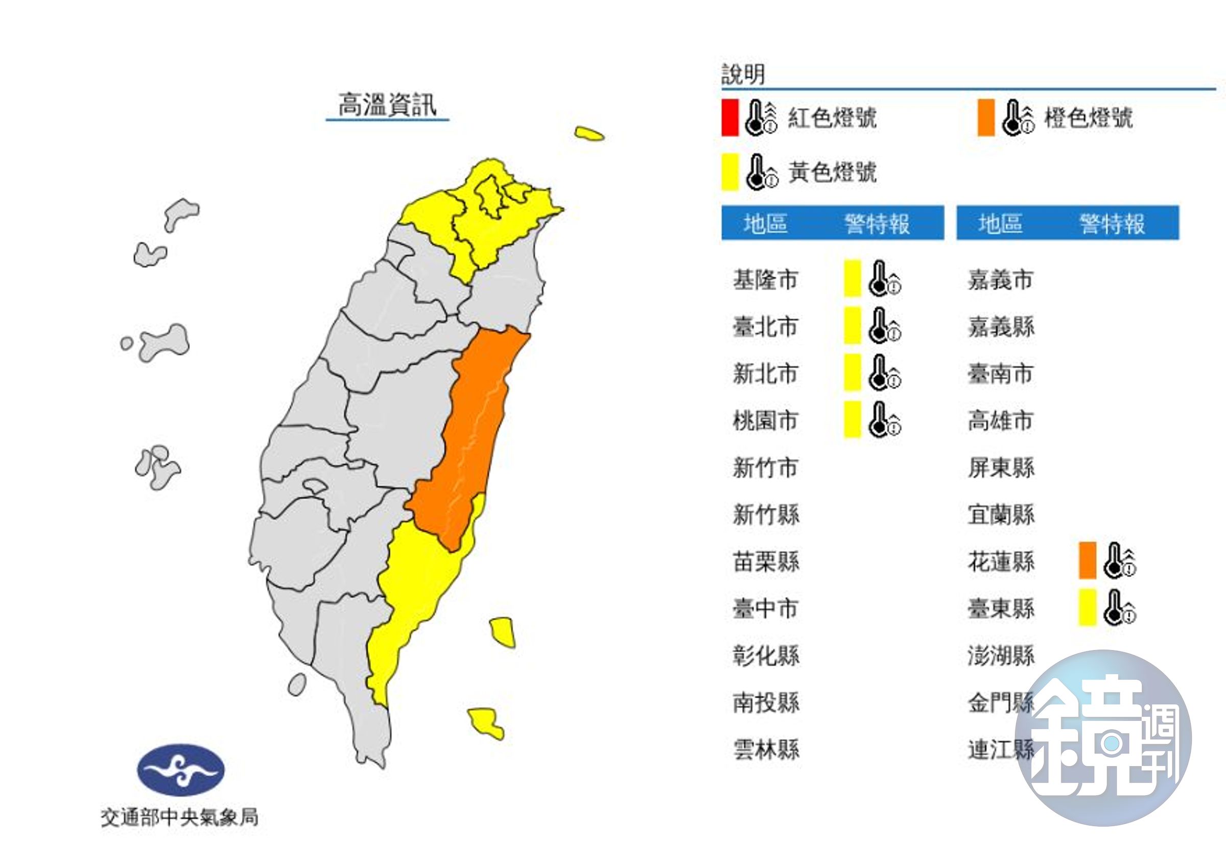 氣象局對6縣市發布高溫警示。（氣象局提供）