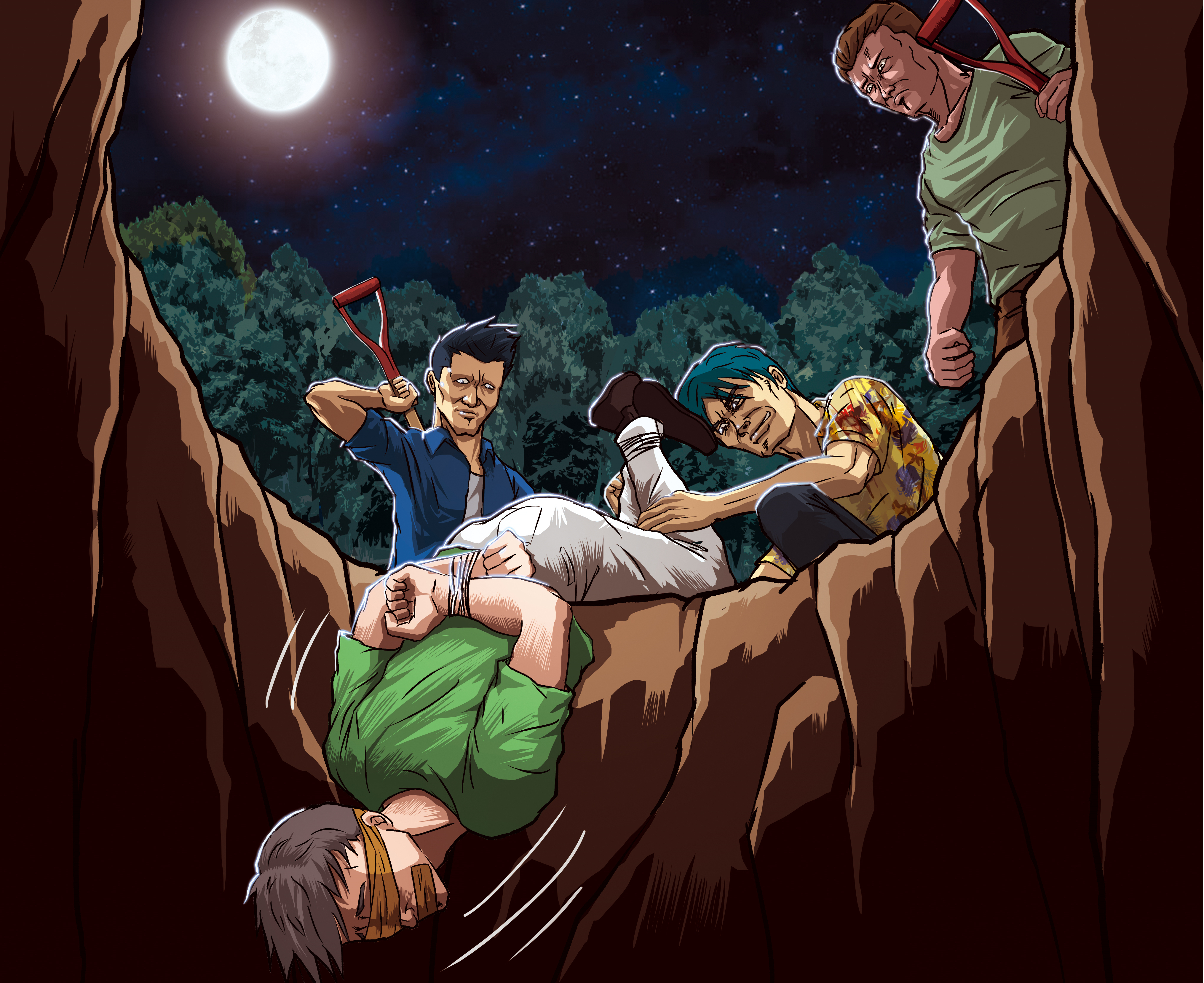 角頭陳祝賢夥同2名小弟擄走情敵吳東明，以鐵絲綑綁其手腳，用膠帶貼住眼睛、嘴巴，再採頭下腳上「倒栽蔥」方式將人活埋。