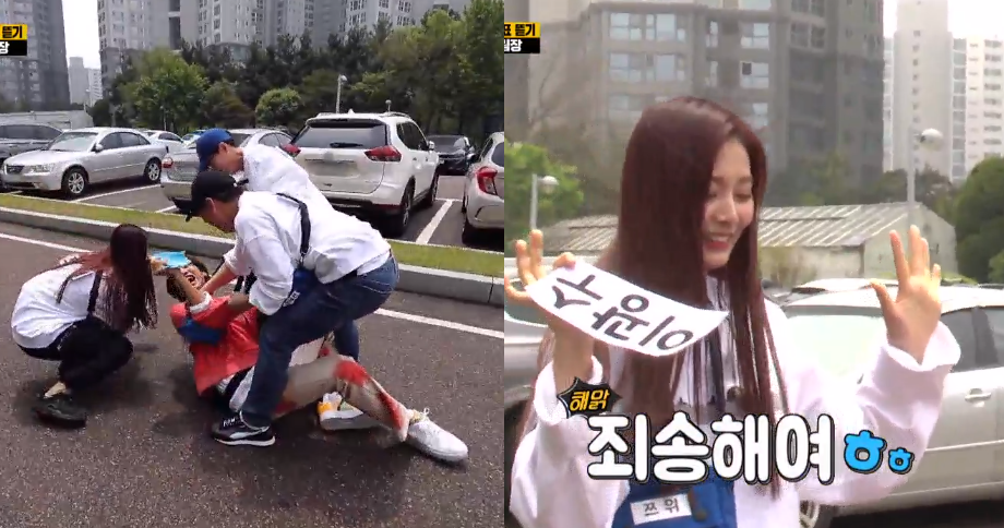 周子瑜趕來與白隊隊友劉在錫、梁世燦會合，果斷撕掉李光洙名牌。（截圖SBS畫面）