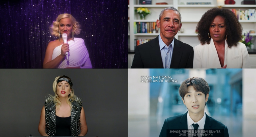 凱蒂佩芮（左上起）、歐巴馬與蜜雪兒、女神卡卡（右下起）、BTS隊長RM，錄製「獻給2020年畢業生的畢業感言」。（翻攝自YouTube Original、BANGTAN官方YouTube）