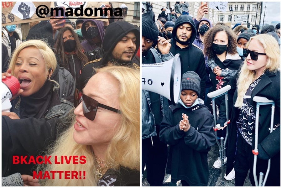 瑪丹娜戴著墨鏡一身全黑打扮，現身遊行隊伍中。（翻攝自imarn7170 Instagram／Madonna Instagram）