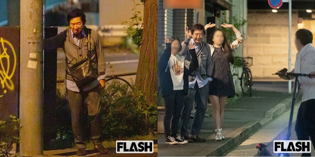 石田純一4月感染武漢肺炎上月出院，揪好友外出聚餐喝茫還沒戴口罩。（翻攝FLASH周刊）