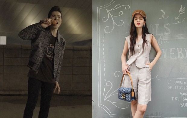 蕭敬騰（左）穿著Chambray外套、與曾之喬的Tabby手袋，都來自COACH Signature Chambray系列。（COACH提供）