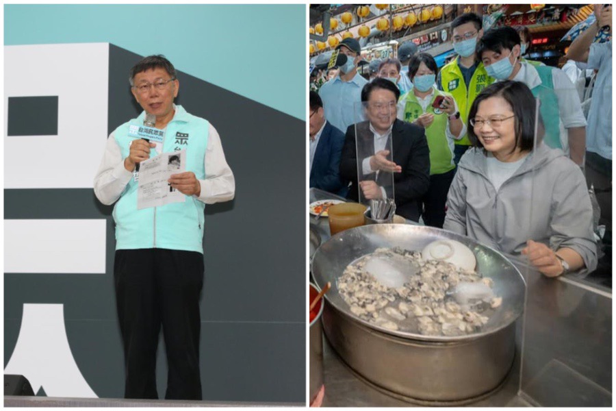 蔡英文吃蚵仔煎被外界解讀為「罷柯」,對此柯文哲則回應「我每天都吃空心菜」。(右圖翻攝林右昌臉書)