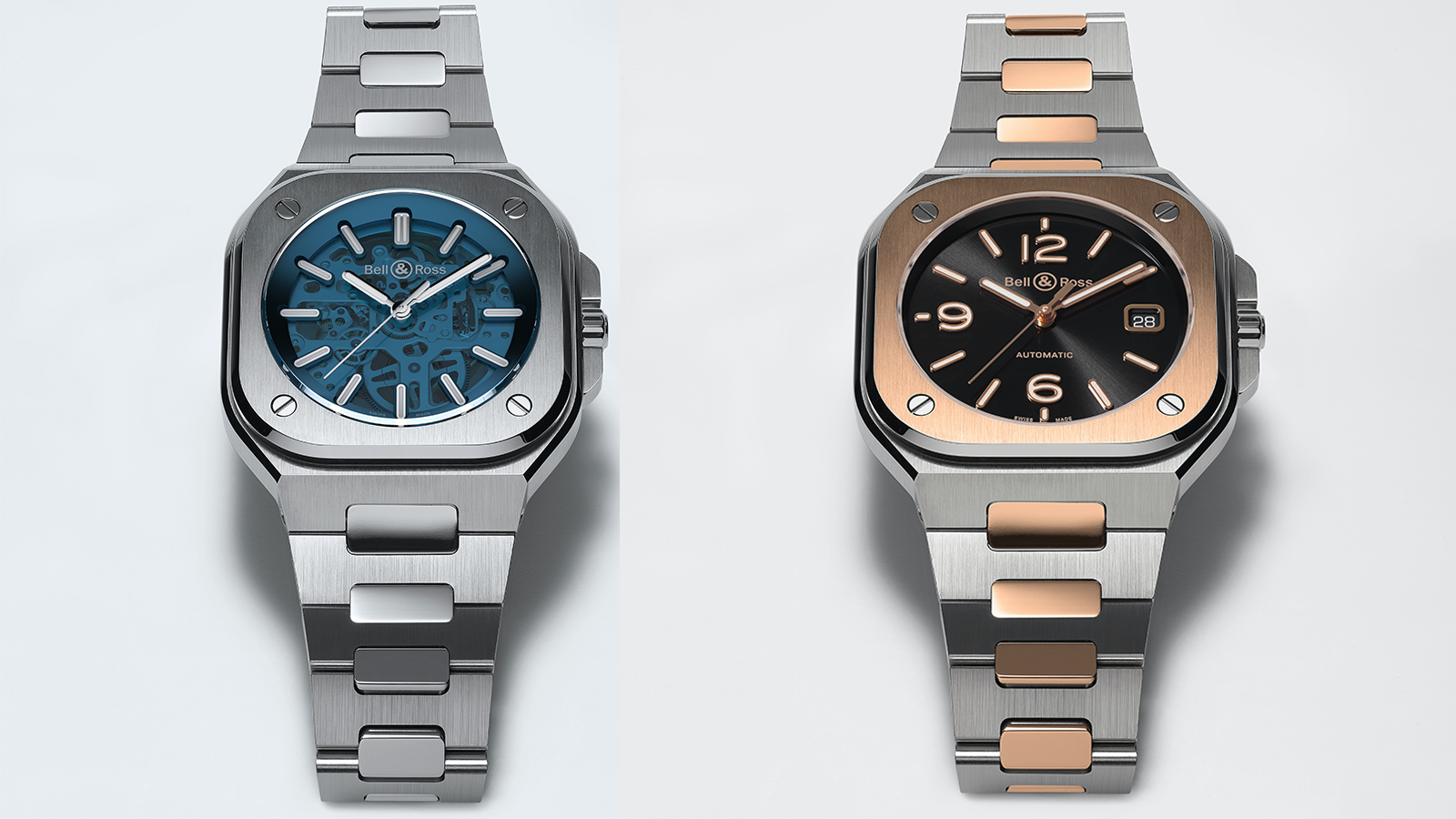 （左）BR 05 Skeleton Blue | 錶徑40mm、不鏽鋼材質、時間指示、自動上鏈機芯、防水100米、限量500只、建議售價NT$  230,000（右）BR 05 Steel & Gold | 錶徑40mm、不鏽鋼及18K玫瑰金材質、時間及日期指示、自動上鏈機芯、防水100米、建議售價NT$ 360,000